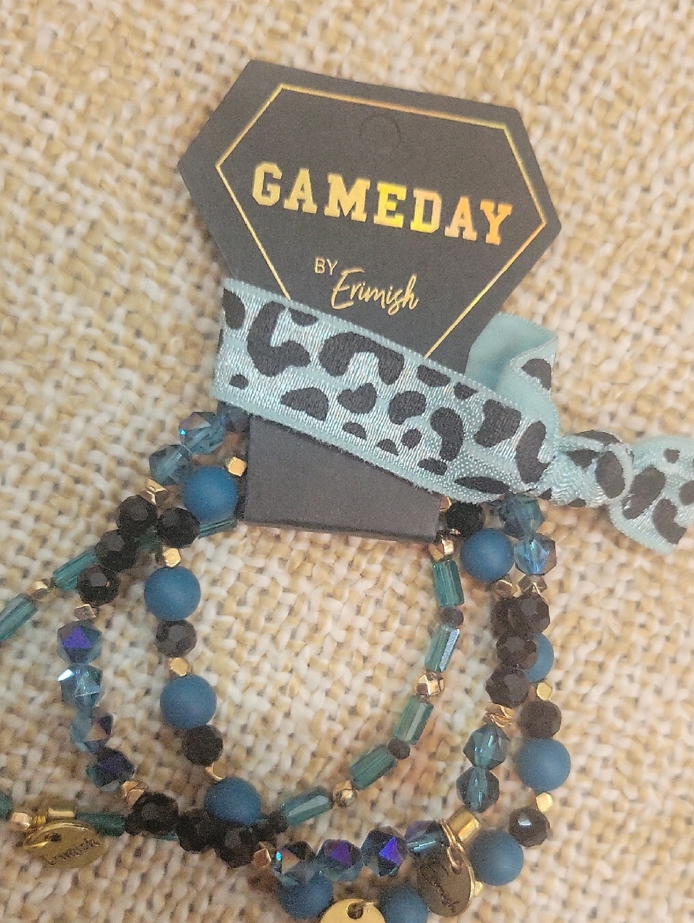 Erimish Teal & Black Beaded Bracelet Set with Gold Accents